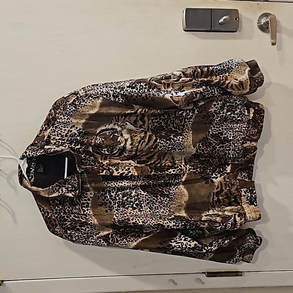 Fuda International Vintage Animal Print Big Cat Safari 100% Silk Windbreaker L - Picture 2 of 7